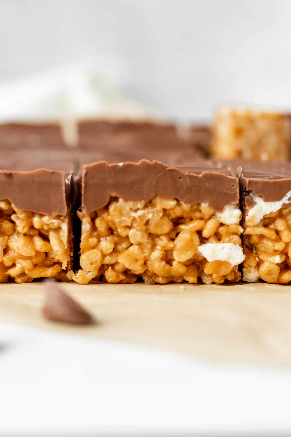 crispy rice treats layered with chocolate and peanut butter