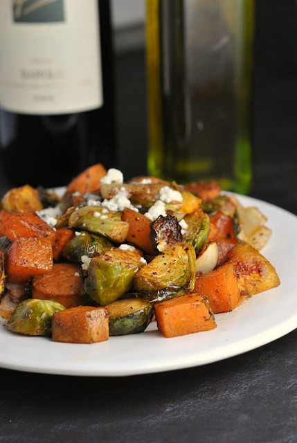 roasted chicken sausage with sweet potatoes and brussels sprouts