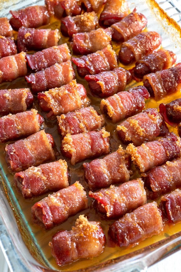 lil smokies wrapped in bacon with a sweet brown sugar glaze