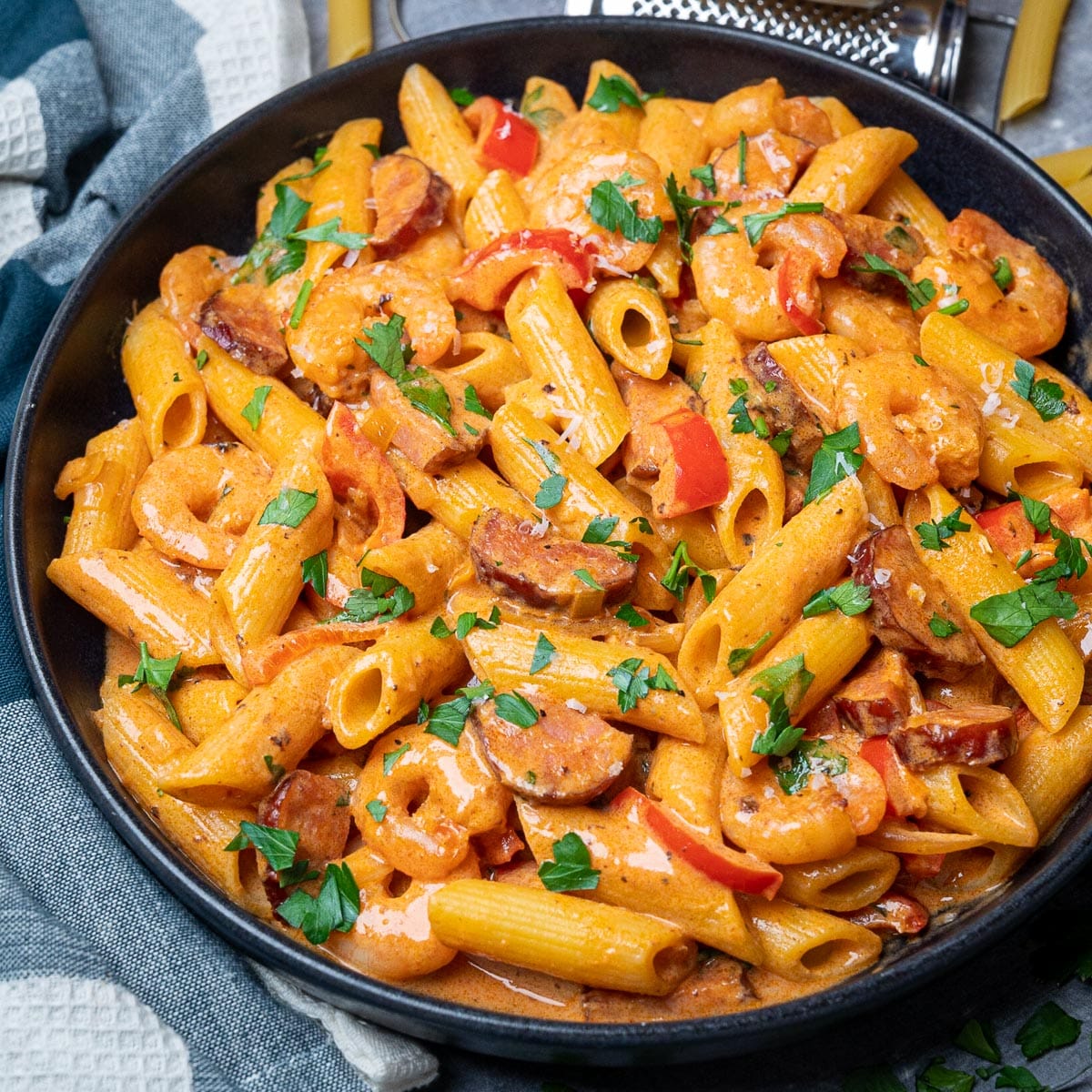 creole-inspired pasta with smoked sausage and large shrimp