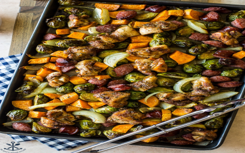 roasted chicken sausage with sweet potatoes and brussels sprouts