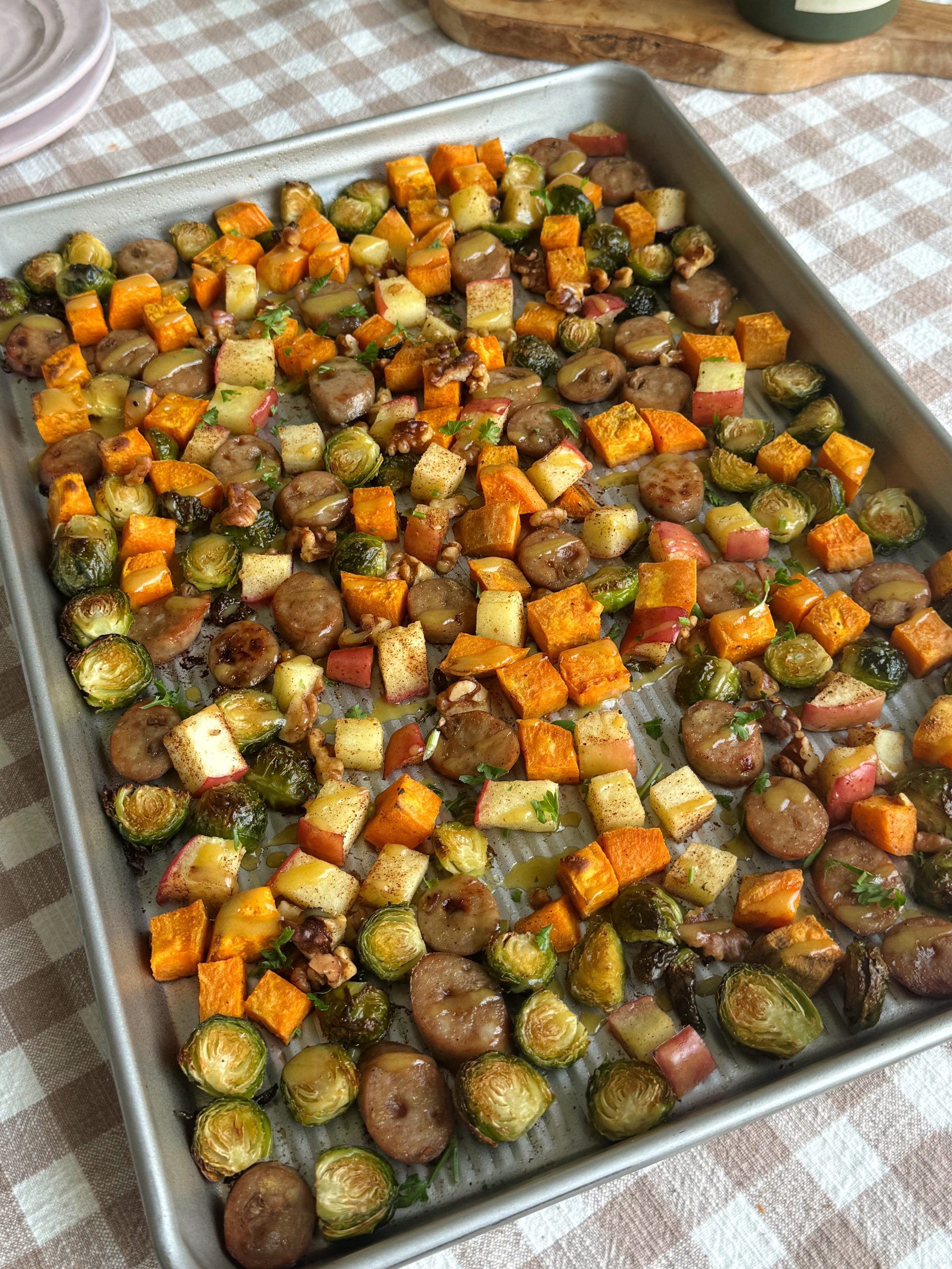 roasted chicken sausage with sweet potatoes and brussels sprouts