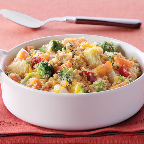 creamy vegetable bake with buttery crackers and cheese
