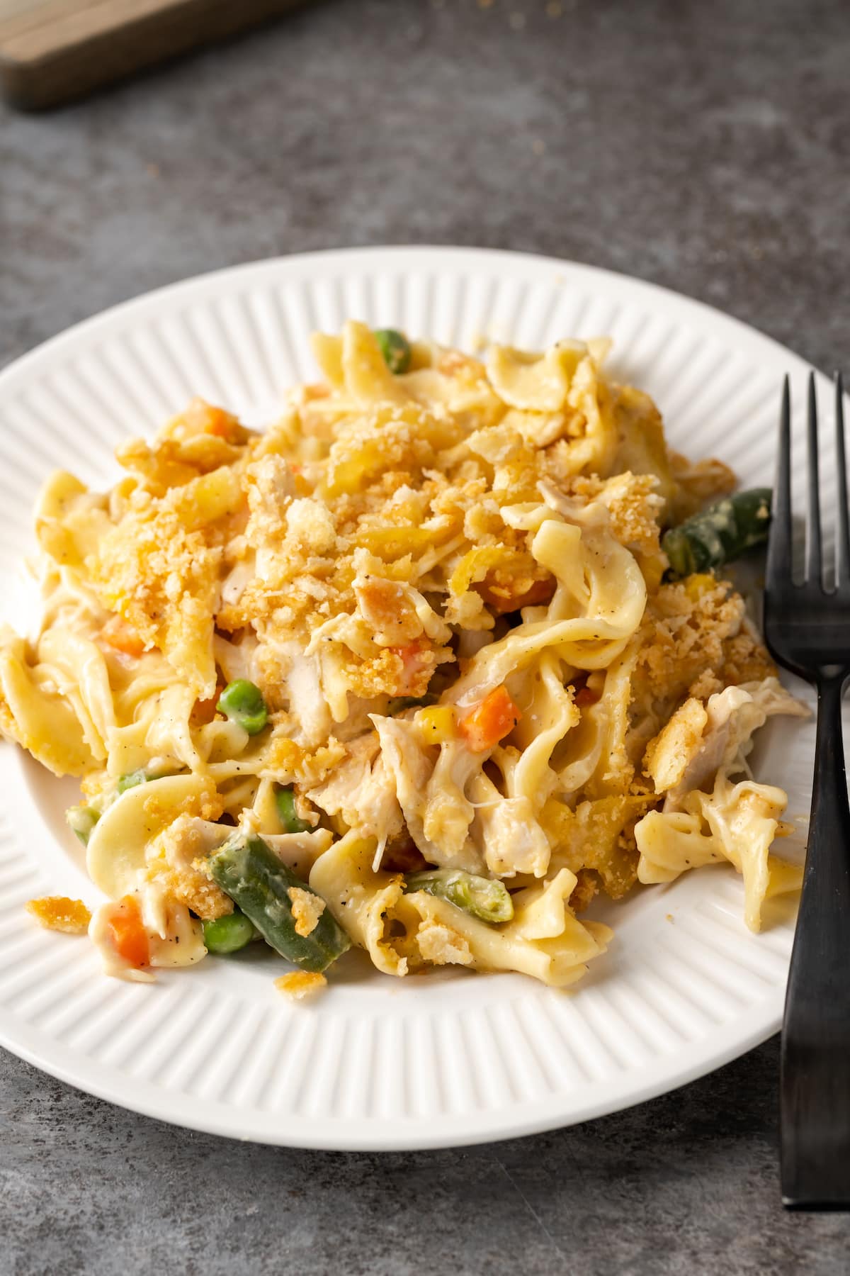 creamy pasta bake topped with buttery crackers