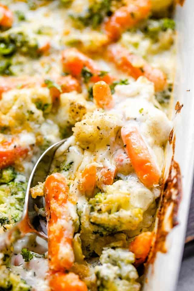 creamy vegetable bake with buttery crackers and cheese
