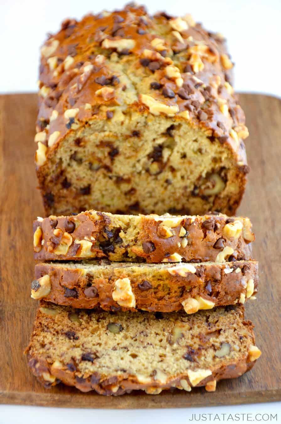 banana loaf featuring walnuts and tangy cream