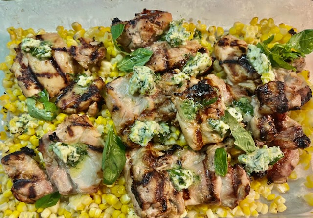 lime-basil butter roasted chicken thighs and corn
