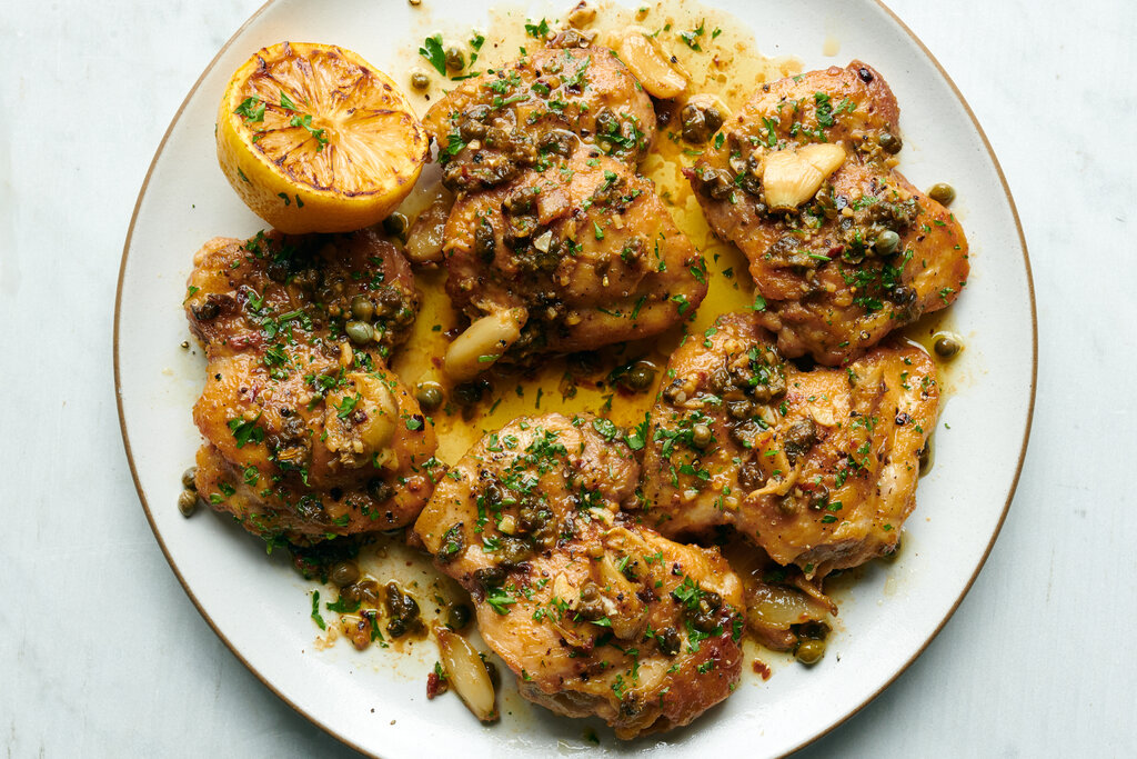 chicken in lemony anchovy garlic sauce