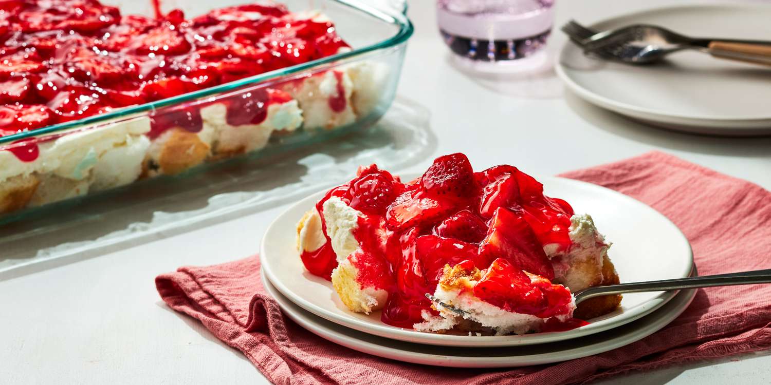 strawberry dessert with cream cheese and cool whip on angel food cake