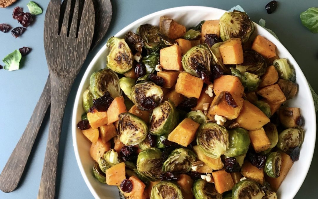 maple-glazed brussels sprouts and sweet potatoes roast