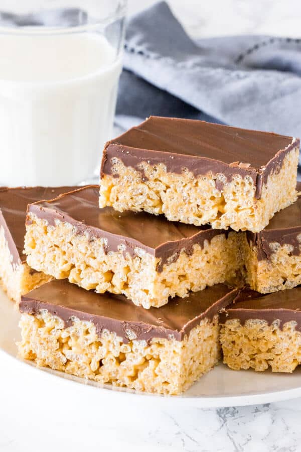 chocolate-topped rice krispie squares with peanut butter