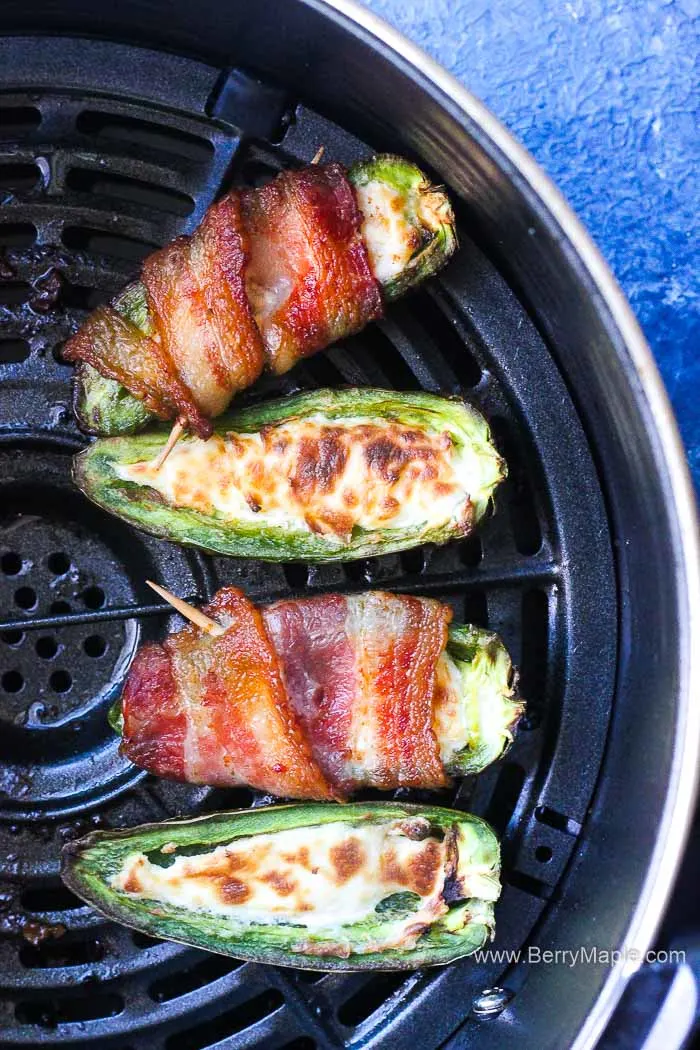 air fryer cream cheese stuffed jalapenos wrapped in bacon