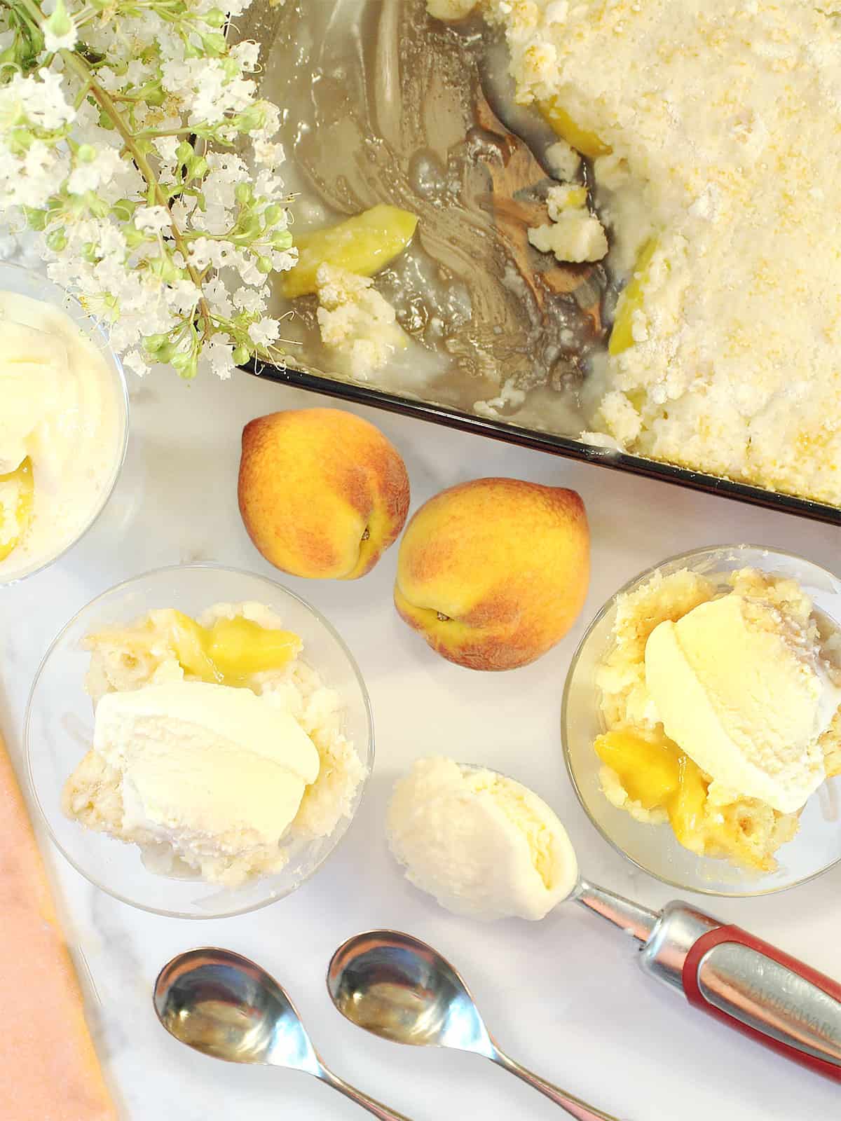 Peach cobbler with sprite and cake mix, why it works (Here is a secret that makes dessert yummy)